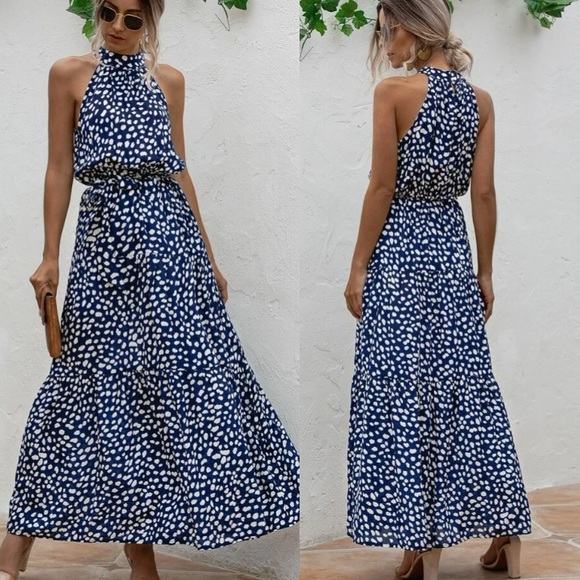 Boho blue white halter dot belted maxi dress - Picture 2 of 4